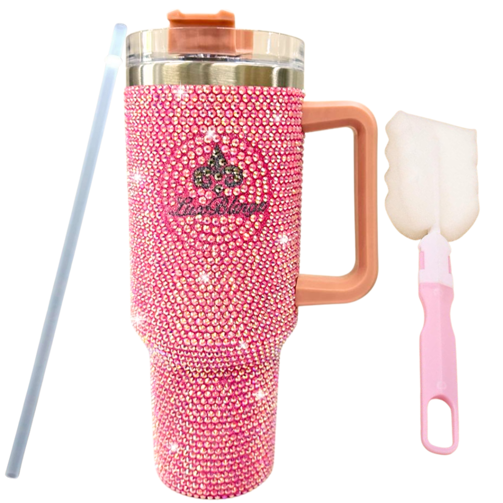 40oz Bling Tumbler with handle and straw Stanley H1.0 bedazzled with Premium Rhinestones Pink