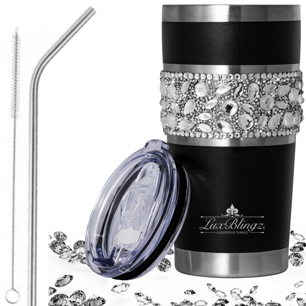 Black yeti Bling cup w Diamond Rhinestone bling and straw set