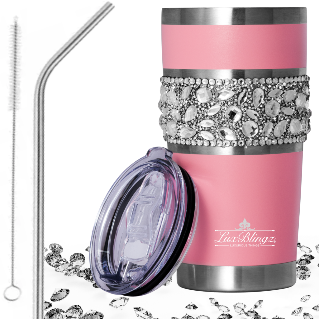 Pink yeti Bling cup w Diamond Rhinestone bling and straw set