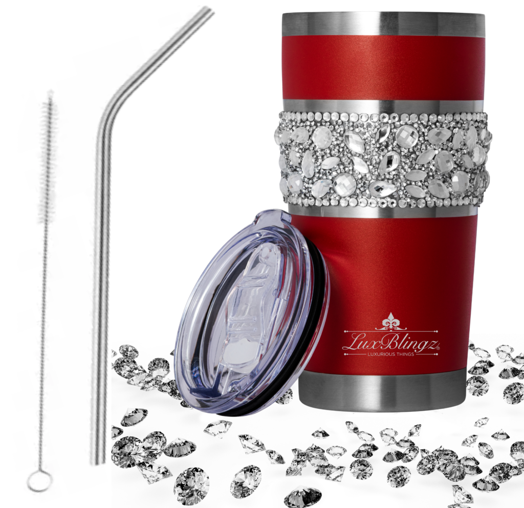 Red yeti Bling cup w Diamond Rhinestone bling and straw set By LuxBlingz
