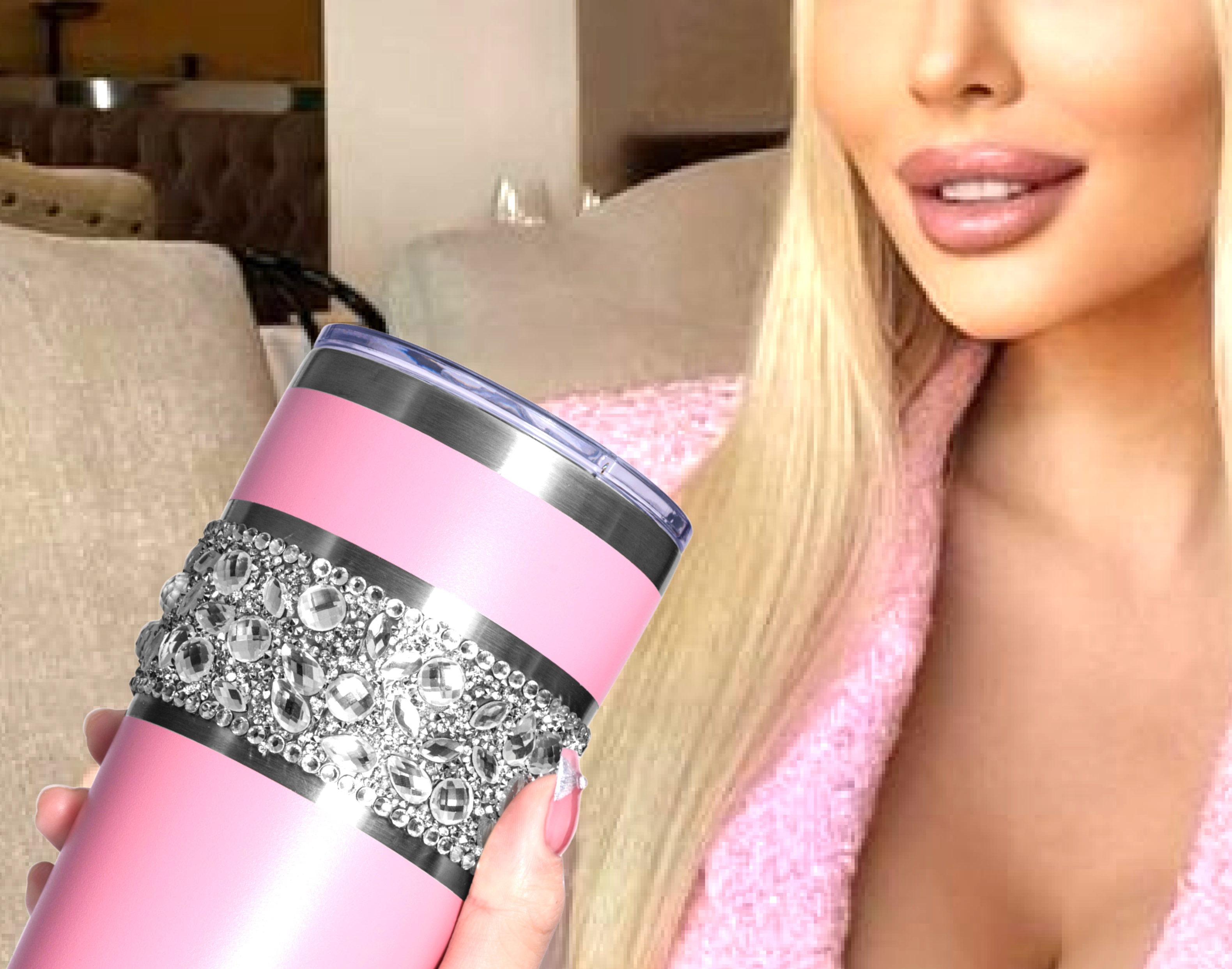 LuxBlingz Bling Tumbler 20oz stainless steel thermos with diamond Rhinestone band yeti bling pink cup