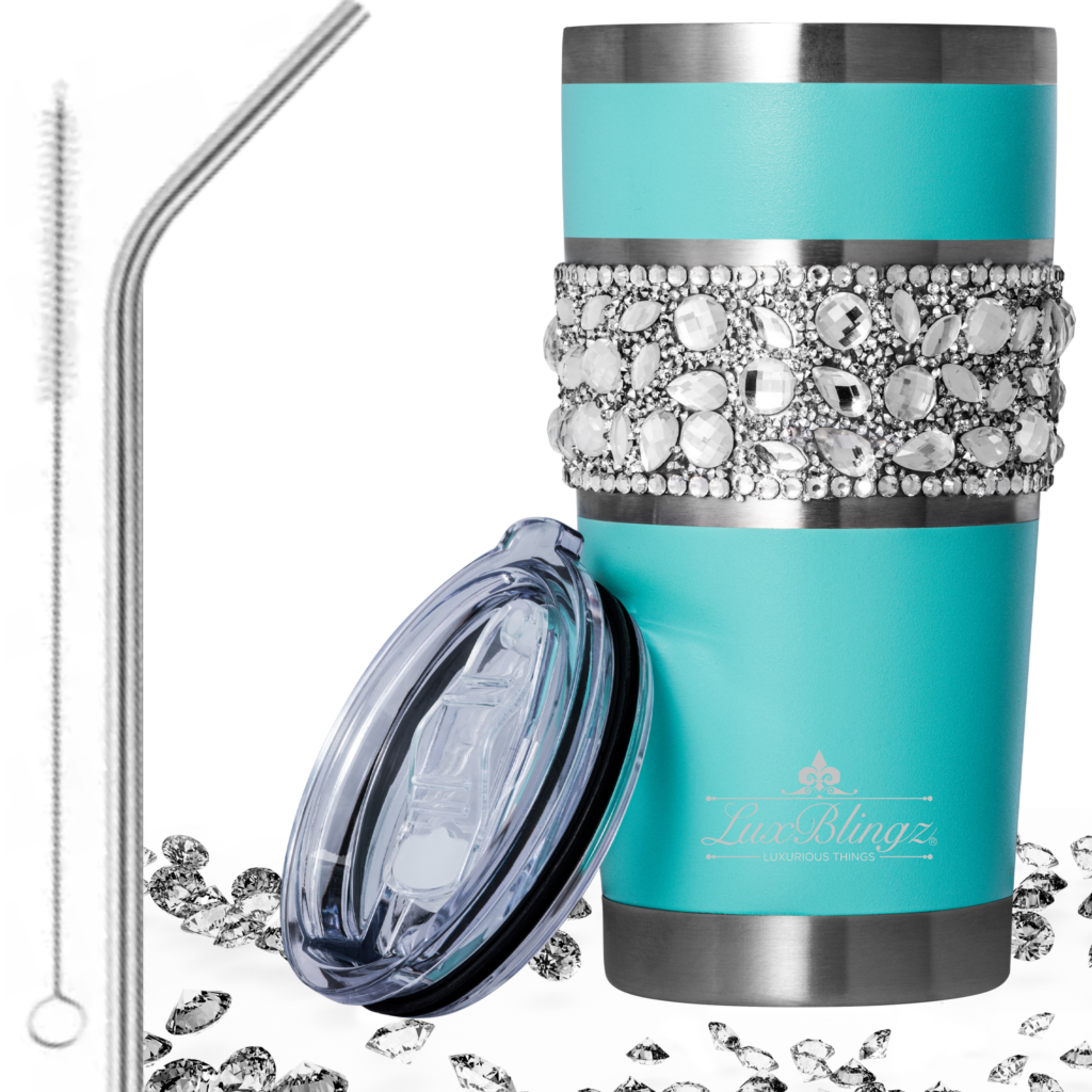 Teal yeti Bling cup w Diamond Rhinestone bling and straw set